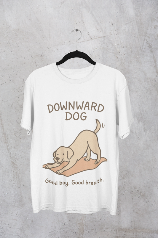 Funky Fox Downward Dog, Good Boy Good Breath T-Shirt – Yoga Pup Edition